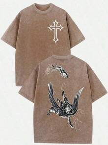 Women's & Men's Casual Loose Fit T-Shirt (230g T-Shirt) For Men, Washed Cotton With Lightning Angel Graphic Print, Short Sleeve Crew Neck T-Shirt, Casual Oversize Style, Urban Retro Top With Dark Religious Print. - 棕色 - 查看 5