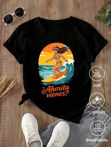 Short-Sleeved T-Shirt For Spring/Summer 2026, Made In Mexico, 180 Grams. Cartoon Print, Couple Design, Suitable For Indoor Or Outdoor Wear. Crew Neck, Unisex, Ideal For Office And Leisure. One-Pack. - màu đen - Xem 1