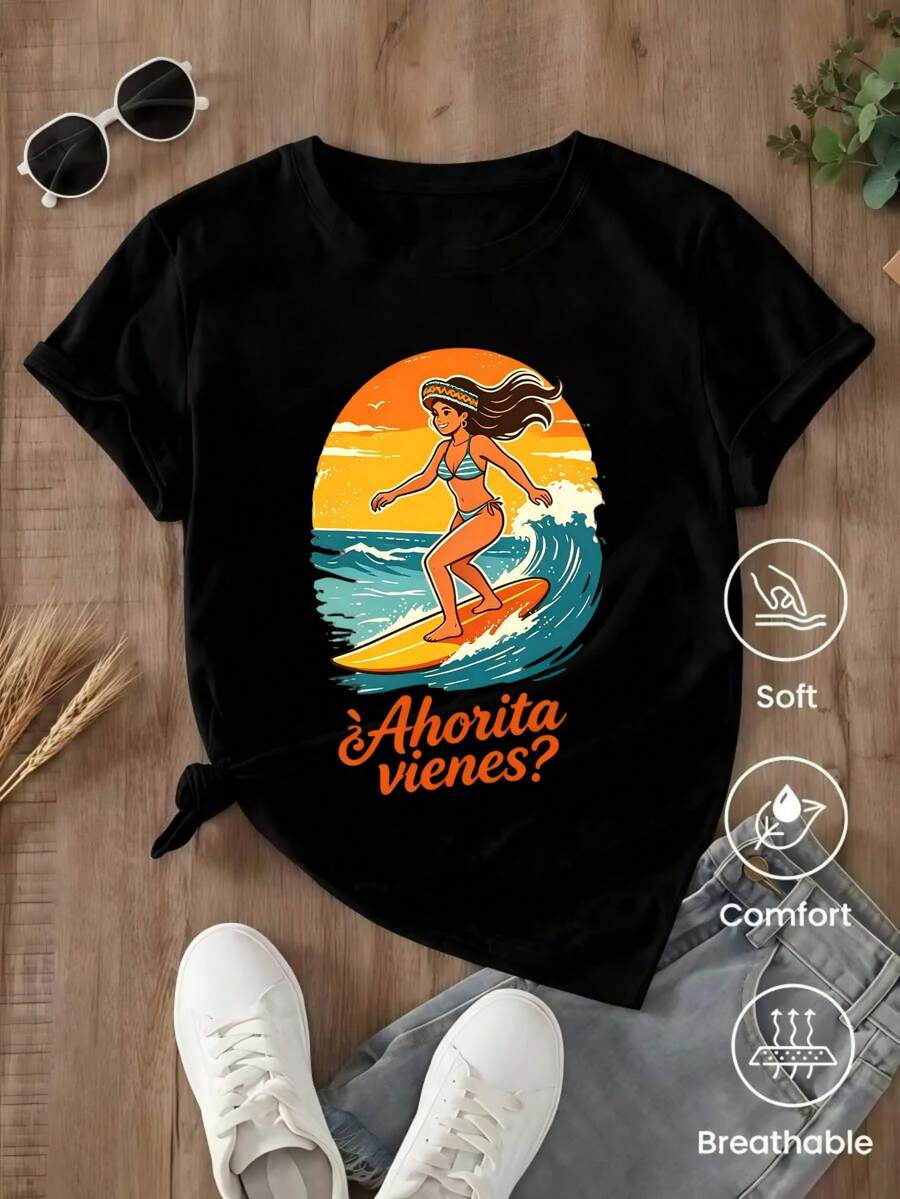 Short-Sleeved T-Shirt For Spring/Summer 2026, Made In Mexico, 180 Grams. Cartoon Print, Couple Design, Suitable For Indoor Or Outdoor Wear. Crew Neck, Unisex, Ideal For Office And Leisure. One-Pack. - màu đen - Xem 1