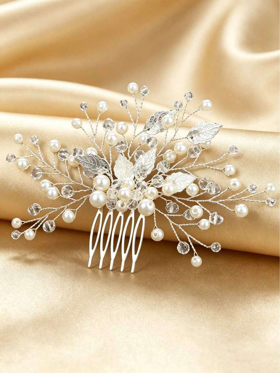 1pc Crystal & Rhinestone Decor Bridal Bridesmaid Hair Comb, Luxurious Hair Accessory For Wedding, Banquet, Party - Silver - View 1