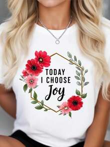 Women's Round Neck Short Sleeve T-Shirt "Today I Choose Joy" With Floral Crown Design And Elegant Printed Typography For Casual Wear And Lovers Of Positive Thinking, With Inspirational Message And Vibrant Floral Pattern - 白色 - 查看 1