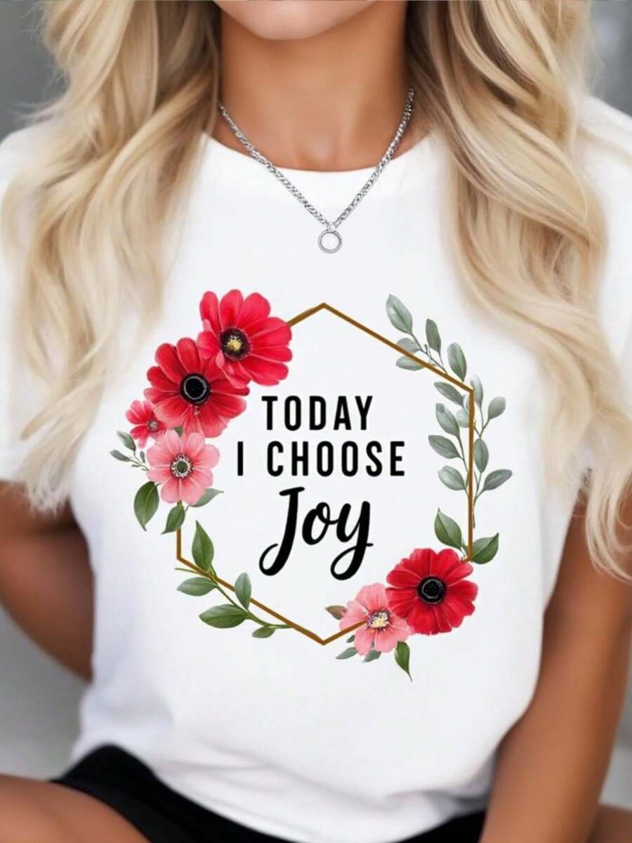 Women's Round Neck Short Sleeve T-Shirt "Today I Choose Joy" With Floral Crown Design And Elegant Printed Typography For Casual Wear And Lovers Of Positive Thinking, With Inspirational Message And Vibrant Floral Pattern - 白色 - 查看 1
