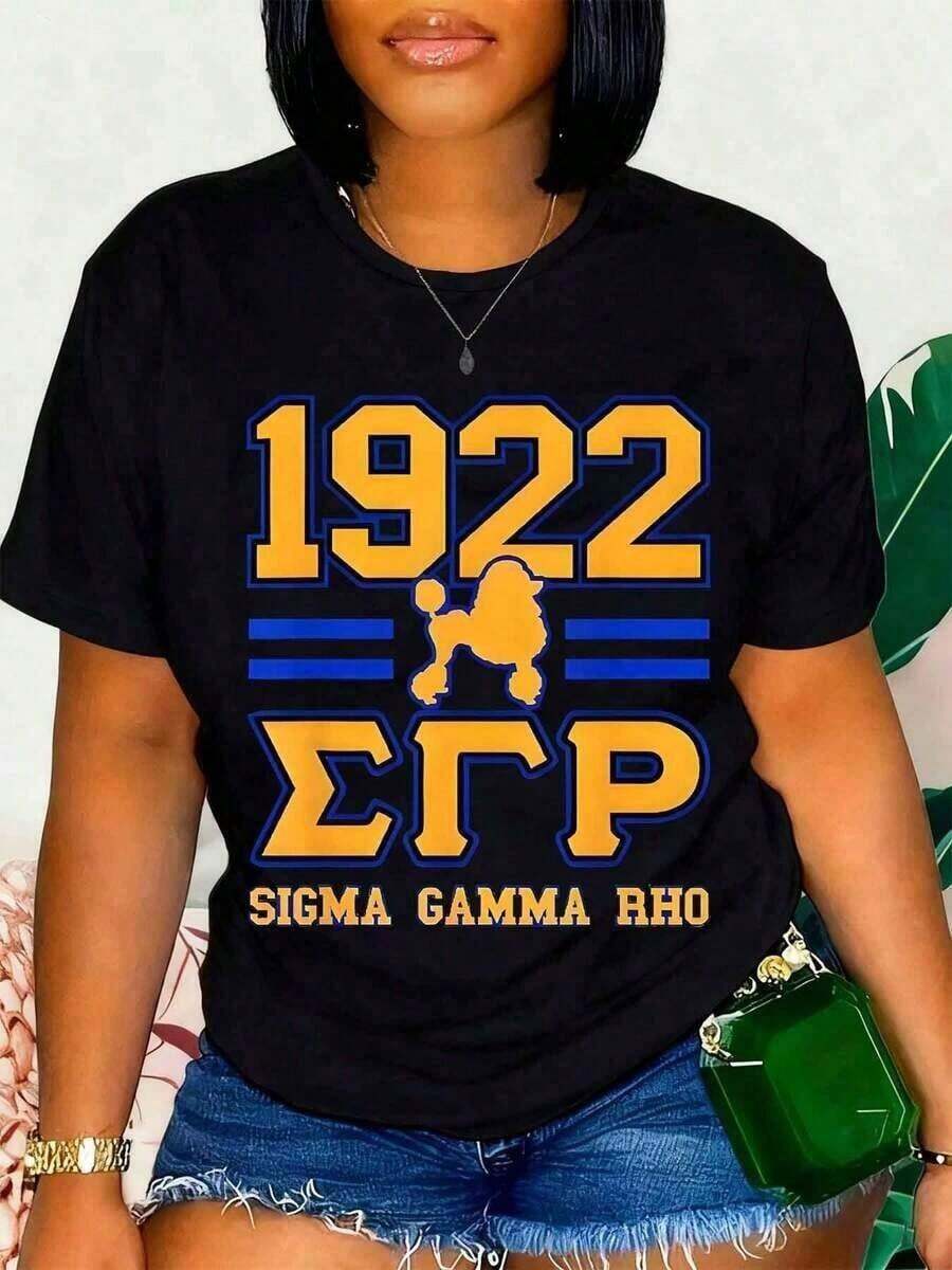 White T-Shirt With Greek Letter Design Of Sigma Gamma Rho 1922 And Poodle For Sisterhood Events And Casual Use - Unisex, Suitable For Casual Daily Outings, Short Sleeve T-Shirt For Summer, Retro T-Shirt With Y2K Print. - 黑色 - 查看 1