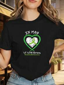 Camiseta Deportiva Casual para Mujer en Negro con Diseño de Corazón Verde y Texto de Concienciación - Camiseta Elástica de Cuello Redondo, Lavable aáquina, Ajuste Cómodo para Todas las Estaciones, para el Ocio y el Deporte. - Negro - Ver 6