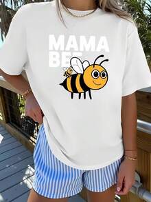 Women's Casual Sports T-Shirt With Fairy Tale Bee Graphic - Elastic Crew Neck T-Shirt, Machine Washable, Comfortable Fit And Suitable For All Seasons, Fun MAMA BEES Design Perfect For Everyday Wear. - 白色 - 查看 1