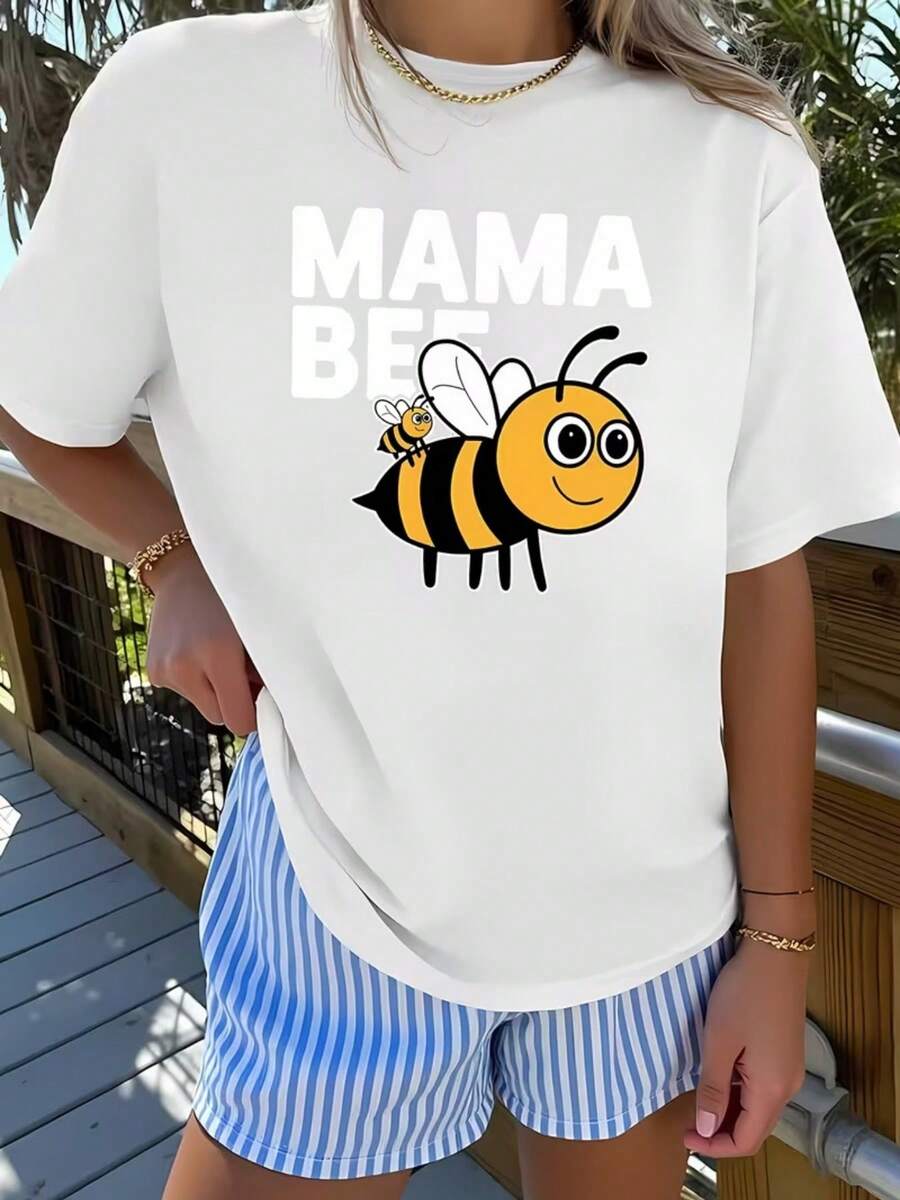 Women's Casual Sports T-Shirt With Fairy Tale Bee Graphic - Elastic Crew Neck T-Shirt, Machine Washable, Comfortable Fit And Suitable For All Seasons, Fun MAMA BEES Design Perfect For Everyday Wear. - 白色 - 查看 1