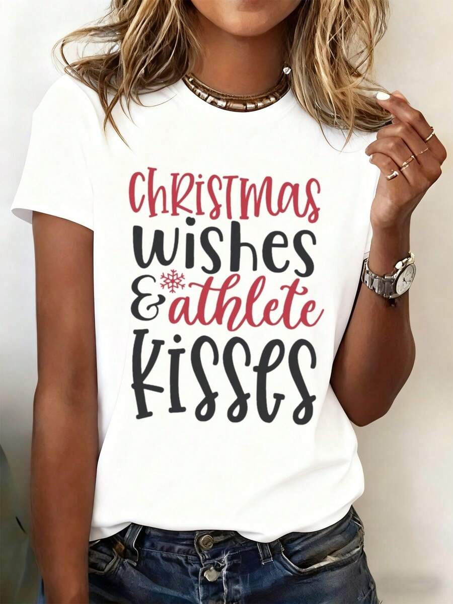 Women's Casual Sports T-Shirt With Festive Graphic - Elastic Crew Neck T-Shirt, Machine Washable, Comfortable Fit For All Seasons, Perfect To Wear With Jeans And Celebrate In Style. - 白色 - 查看 1