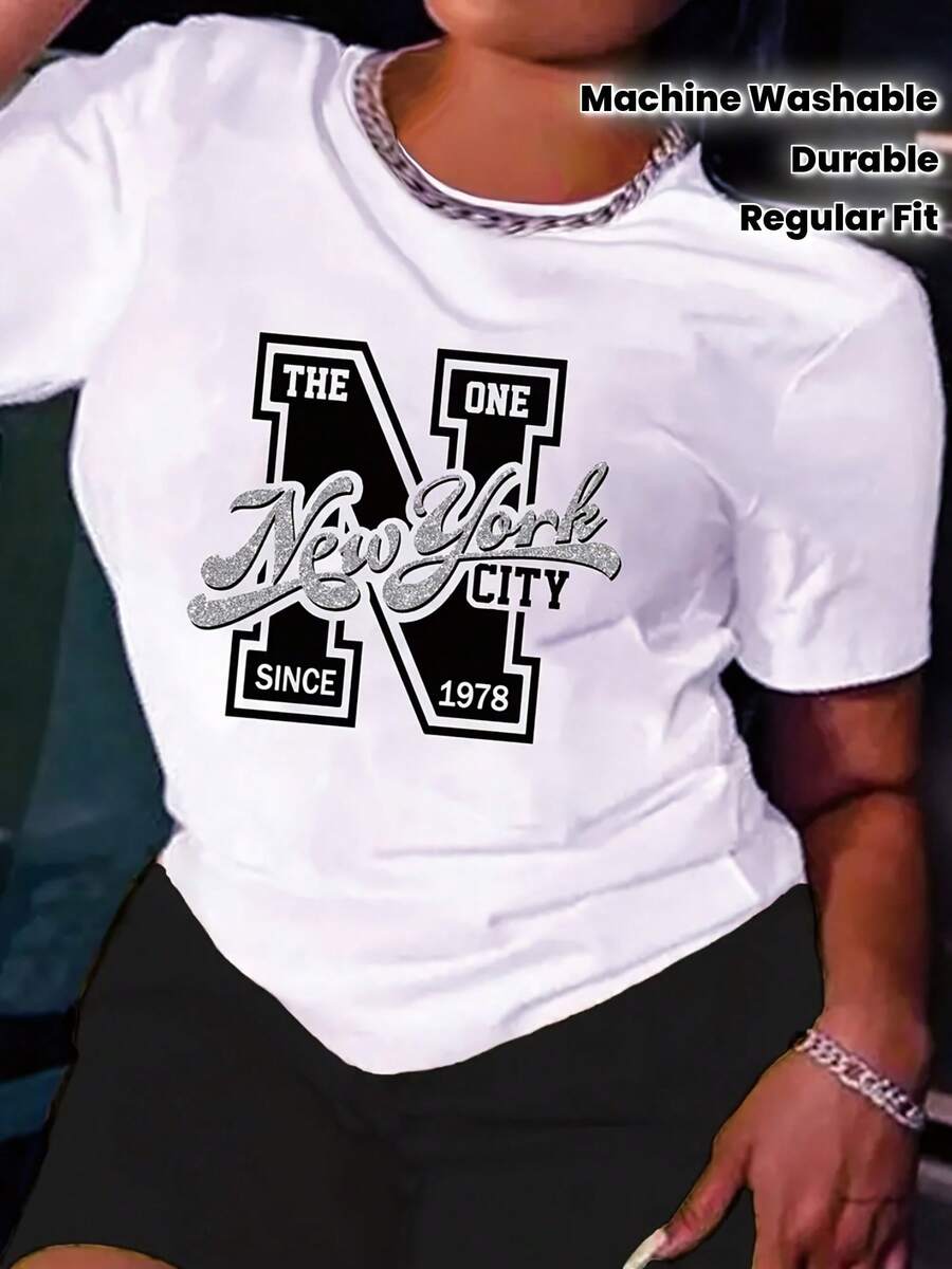 New York City Women's Casual Sports T-Shirt - Elastic Crew Neck T-Shirt, Machine Washable, Durable Regular Fit, For All Seasons. - 白色 - 查看 1