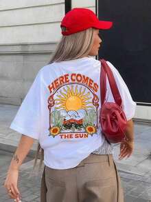 Camiseta de manga corta estilo vintage occidental para mujer 2026, 100% algodón, corte holgado, estampado de cactus y sol "HERE COMES THE SUN", top casual transpirable, ropa de calle para vacaciones de verano, estampado de letras, camiseta de manga corta de playa de verano para mujer adulta, tela transpirable, adecuada para la temporada de regreso a clases, ideal para uso diario, regalo perfecto, tops de verano para mujer, transpirable y cómoda. - Blanco - Ver 10