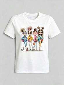Camiseta Gráfica de Moda para Mujer, Estilo Casual Urbano de Verano, 100% Algodón, Suave, Transpirable, Corte Holgado, Manga Corta, Conjuntos de Verano para Mujer, Tallas Grandes Disponibles, Atuendo, Top para Cenas o Brunchs Nocturnos de Chicas - Blanco - Ver 2