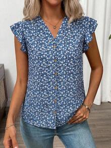 Clasi Blusa de mujer de verano con cuello en V y mangas cortas con estampado floral - Azul - Ver 7