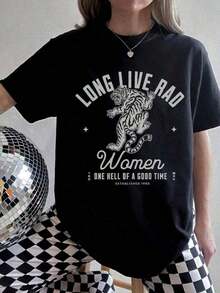 1 Piece Of Plus Size "Long Live The Wild Woman" T-Shirt | Vintage Women's Rights T-Shirt, Western Grunge Cowgirl Style, Crew Neck With Resist Print, Freedom T-Shirts 180g 100% Cotton - 2 - 查看 2