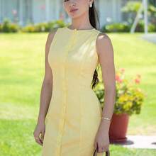 Vestido casual de verano de mujer de mini longitud, de un solo botón, cuello redondo y sin mangas, de unicolor - Marrón - Ver 2