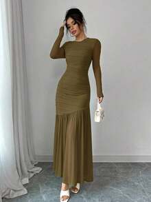 Vestido largo de manga larga con cuello redondo y malla para mujer, vestido casual de otoño.Adecuado para ropa de otoño, atuendo de regreso a clases, atuendo de maestro - Verde militar - Ver 7