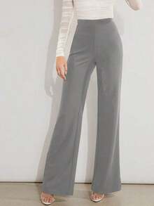 Pantalones de pierna ancha unicolor de talle alto - Gris - Ver 6