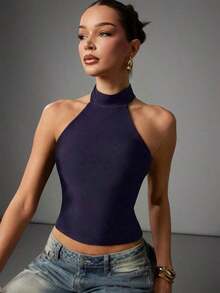 Top de tirantes ajustado y corto de color liso casual para mujer - Azul - Ver 4