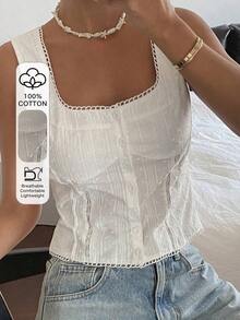 Cárdigan corto sin mangas con textura y rayas de estilo bohemio casual para mujer, adecuado para primavera, verano, playa y uso diario - Blanco - Ver 1