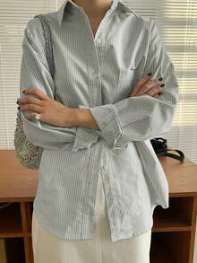 Camisa de manga larga con bolsillo y hombros caídos a rayas verticales, ropa de otoño - Verde - Ver 1