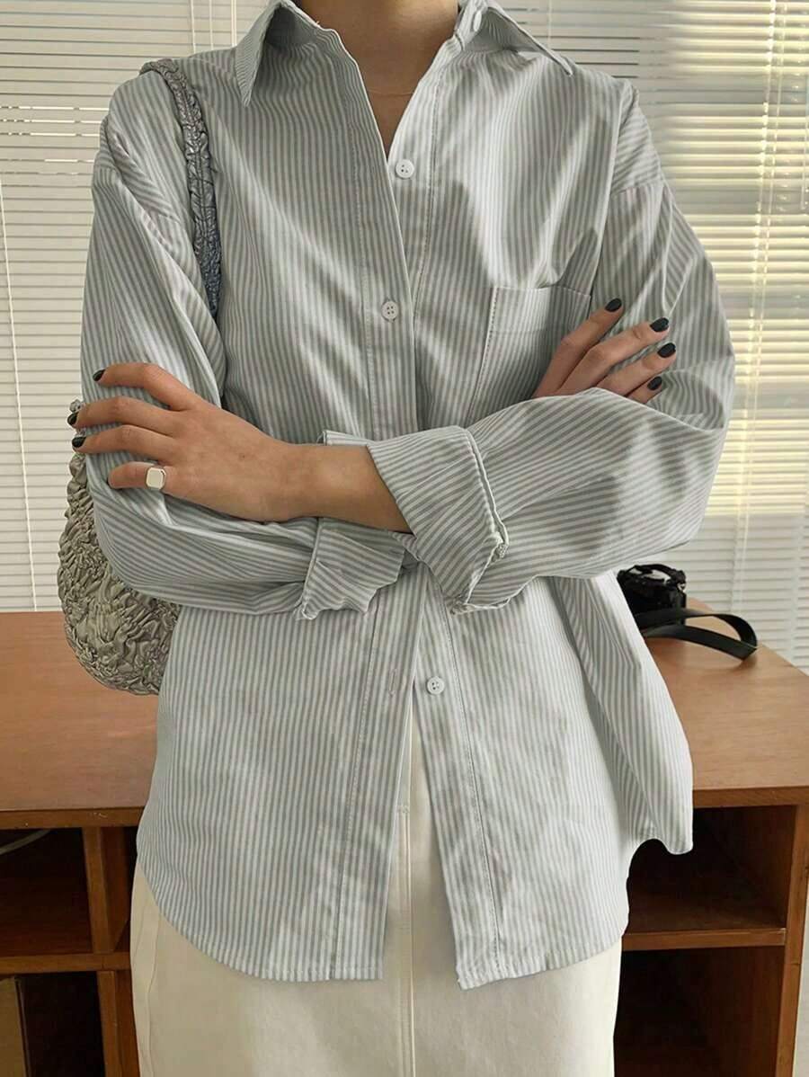 Camisa de manga larga con bolsillo y hombros caídos a rayas verticales, ropa de otoño - Verde - Ver 1