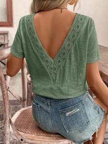 Top con espalda al descubierto y encaje entrelazado, camiseta, blanco imprescindible, conjunto de verano, imprescindible de la temporada de bodas, estilo francés - Verde Oscuro - Ver 3