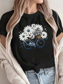 Women's Casual Short Sleeve T-Shirt - Floral And Bicycle Print, Breathable Spring/Summer Top, Nature Inspired Design, Regular Fit, Machine Washable - 黑色 - 查看 2