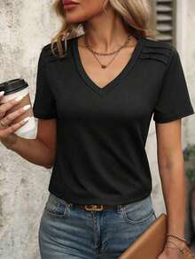 Camiseta de manga corta de cuello en V de unicolor casual de verano - Negro - Ver 7