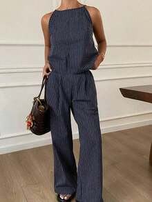 Conjunto de 2 piezas de top de tirantes finos a rayas y pantalones casuales de verano para mujer, conjunto de prendas de estar en casa - Azul marino 7 - Ver 6