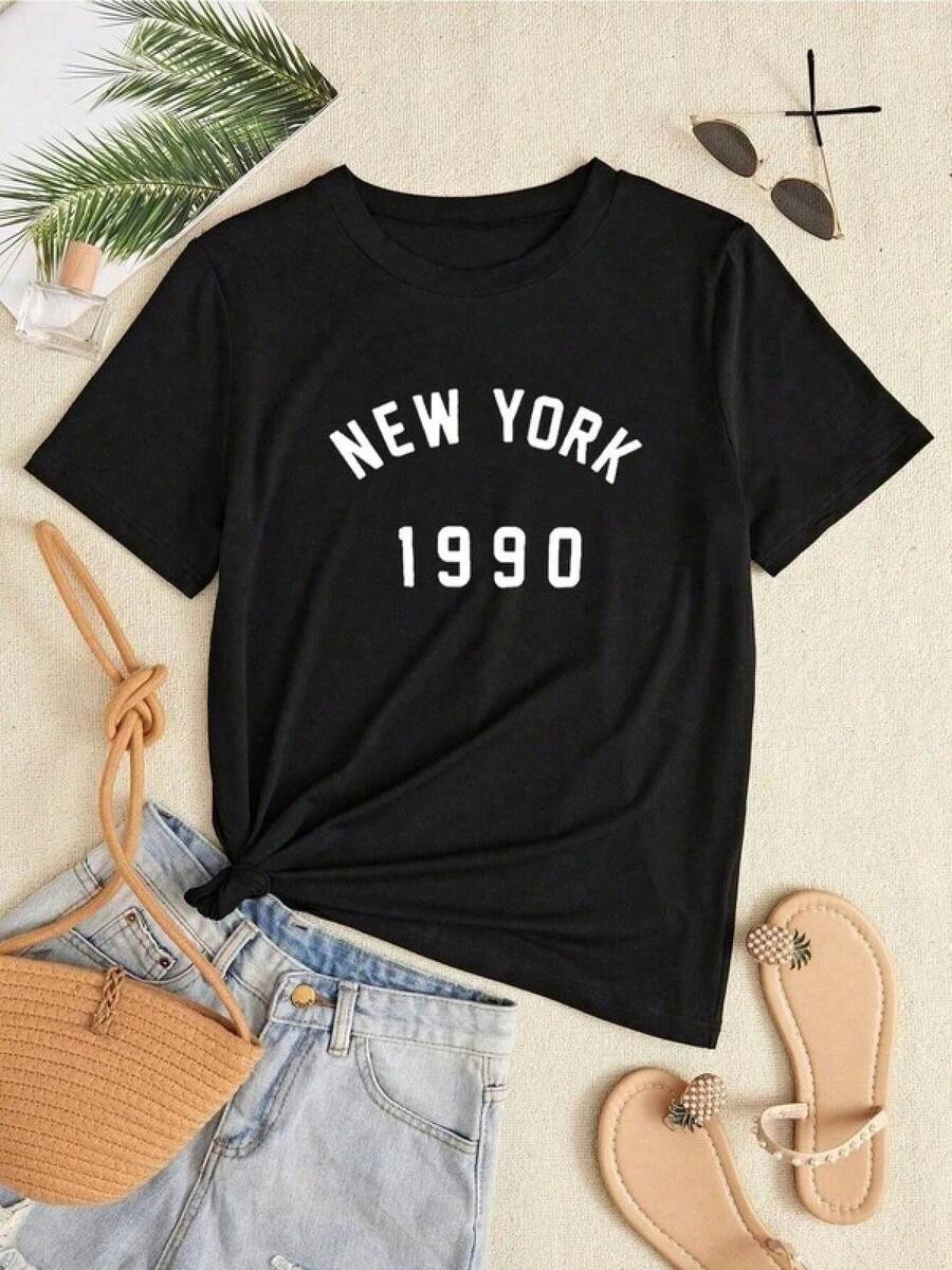 1 Piece Unisex Loose Fit T-Shirt 180g 100% Pure Cotton, Unique Y2K Style T-Shirt With Retro 1990s New York Design Perfect For Your Casual Look, Ideal For Everyday Wear. It Stands Out For Its Modern And Classic Combination, Combining Comfort And Style For Your Summer Outfits. Ideal For Daily Use, Festivals, Concerts And All Seasons - 黑色 - 查看 1