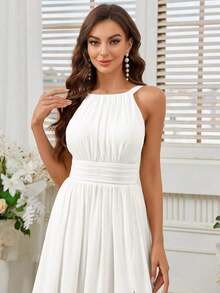 Belle Vestido de dama de honor con cuello de halter de unicolor, cintura imperio y abertura frontal alta.Elegante vestido color púrpura claro para boda. - Blanco - Ver 1