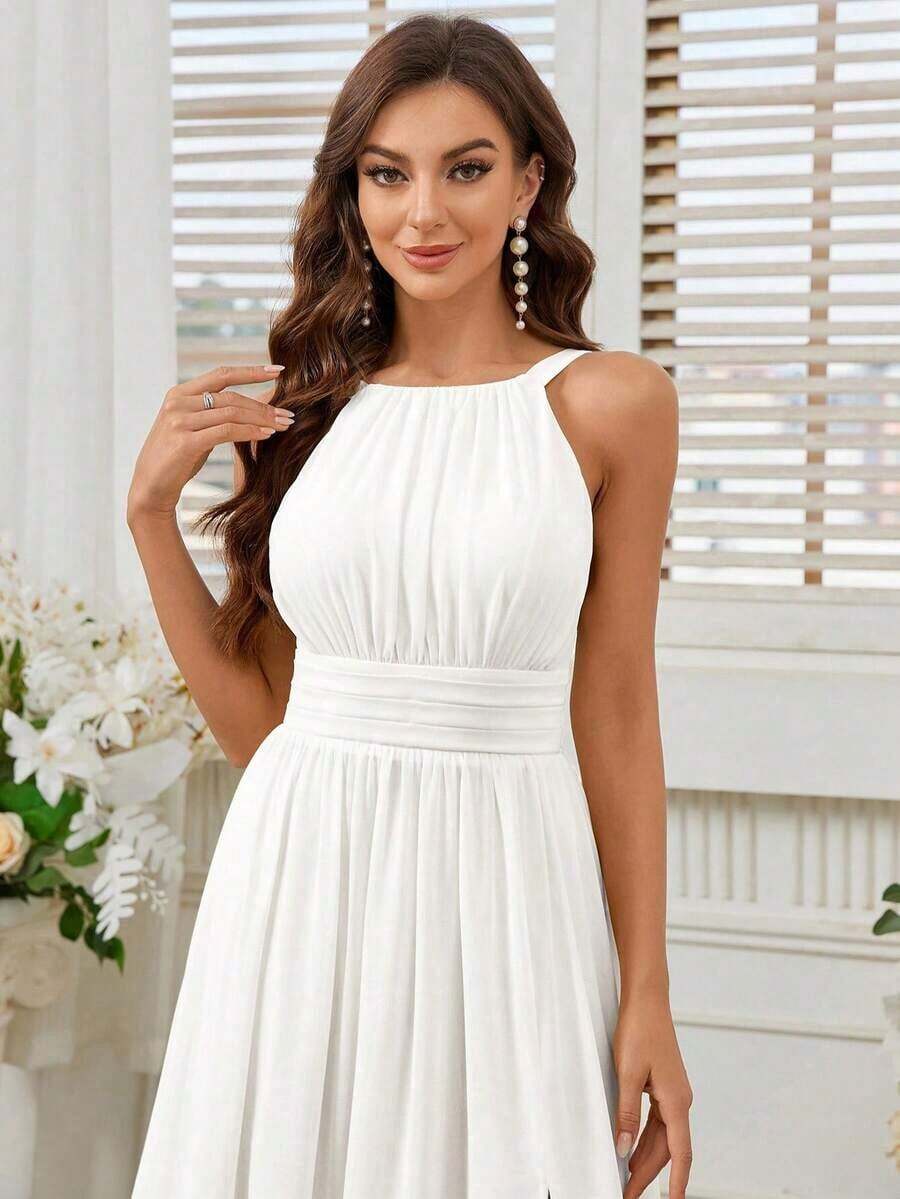 Belle Vestido de dama de honor con cuello de halter de unicolor, cintura imperio y abertura frontal alta.Elegante vestido color púrpura claro para boda. - Blanco - Ver 1