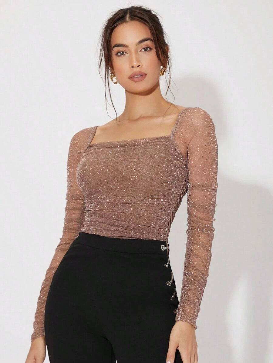 Camisa De Malla Plisada Con Cuello Brillante - Marrón Mocha - Ver 1