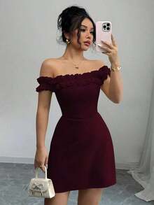 Vestido midi romántico para mujer con hombros descubiertos y corte en la cintura - Burdeos - Ver 6