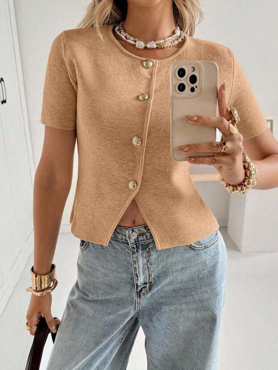 Cárdigan casual de mujer de manga corta, cuello redondo, con botones delanteros, de unicolor y delgado - Albaricoque - Ver 1
