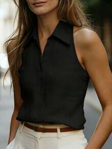 Blusa sin mangas de lino tipo mandarín con cuello, versátil y estilizadora para ir al trabajo - Negro - Ver 4