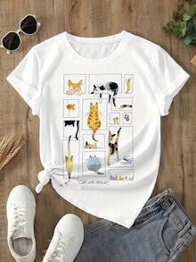 Women's Short Sleeve T-Shirt With Illustrations | Various Cats In Funny Poses, Cool Hand-Painted Style, Attractive Item For Everyday Wear, Casual Crew Neck, Slightly Stretchy Fabric, Regular Length - 白色 - 查看 2