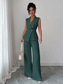 Conjunto de oficina elegante para mujer, compuesto por una chaqueta blazer sin mangas con cuello y bajo asimétrico, con hebilla metálica en la cintura, combinada con pantalones de cintura elástica.Conjunto de 2 piezas elegante para primavera/verano, atuendo formal y de clase para mujer. - Verde Oscuro - Ver 7