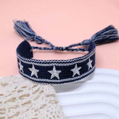 1pc Rainbow Embroidered Star Handmade Braided Vintage Tassel Bohemian Style Bracelet, Suitable For Family, Friends, Students, Holiday Gifts, Parties, Travels, Weddings, Concerts