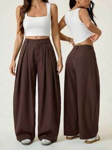 Pantalones anchos de verano con dobladillo curvo verde, estilo vintage, casual y para salir - Café integral - Ver 2