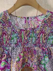 Blusa casual de mujer talla grande de unicolor con cuello redondo, mangas de doble capa, corta, plisada, versátil y de moda para el verano y vacaciones - Púrpura malva - Ver 4