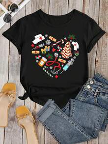 New And Fashionable Women's T-Shirt 2026, Christmas Nurse Print With Special Heart Effect, Round Neck And Short Sleeves, Nurse T-Shirt For The Holidays, Christmas Care. FOHK - 黑色 - 查看 3