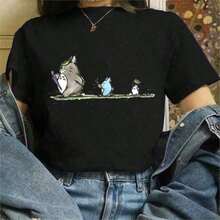 Women's Floral Print T-Shirt From Studio, Cute Summer Cartoon Top, Loose Fit Casual Cotton T-Shirt, Harajuku Aesthetic Style. - 黑色 - 查看 7