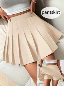 Falda pantalón casual de talle alto con pliegues y rayas para mujer - Albaricoque - Ver 1