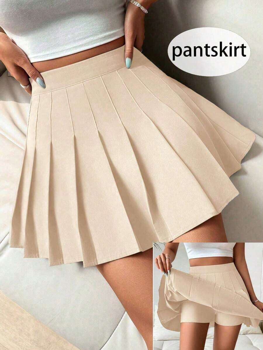 Falda pantalón casual de talle alto con pliegues y rayas para mujer - Albaricoque - Ver 1