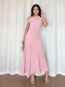 Vestido de cóctel elegante de estilo francés bohemio y chic con detalles de volantes, cuello asimétrico y silueta de línea A en color verde macaron, ideal para vacaciones, días festivos, graduación, citas - Rosa - Ver 4