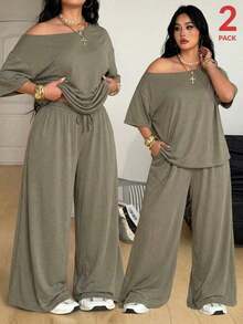 Conjunto de dos piezas de camiseta hombros descubiertos y pantalón ancho de chándal para mujer talla grande, minimalista, ropa de calle, uso diario, salir, deporte, cómodo - Verde militar - Ver 12