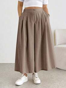 Pantalones/faldas cortas plisadas de cintura elástica, cómodos y sueltos, de estilo básico y versátil, para uso diario, que estilizan la figura, en color albaricoque, para mujeres de talla grande, para primavera/verano - Caqui 3 - Ver 5