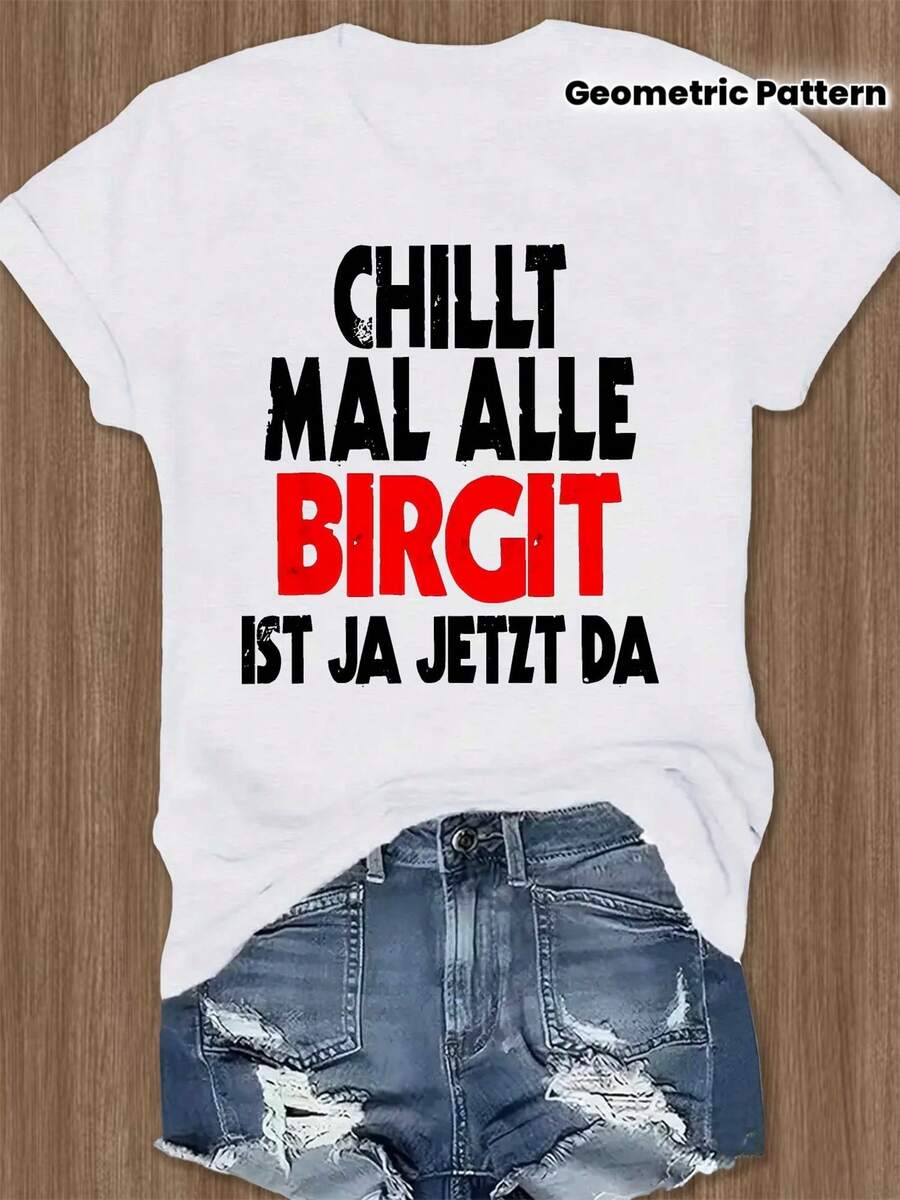 Nombre alemán BIRGIT Camiseta de manga corta para mujer, ropa casual casual, esencial para el atuendo diario, camiseta de manga corta, top básico para mujer, diseño de patrón geométrico, camiseta de estética limpia, construcción duradera para el uso diario, camiseta lavable a máquina - Blanco - Ver 1