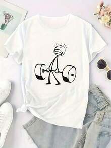 1 Piece CHICLY19 Cotton T-Shirt With Funny Stick Figure Graphic Doing Deadlift, Women's Gym Workout Quote Tee, Loose Fit Black Top, Short Sleeve Round Neck, Fun Aesthetic Cotton Tee For Gym And Everyday Wear, 180g 100% Cotton. - 白色 - 查看 3