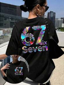 Camiseta de mujer con estampado de letras 67 Six Seven, de cuello redondo, de manga corta, de color negro, de estilo casual, lavable a máquina, cómoda para primavera y verano - Negro - Ver 1