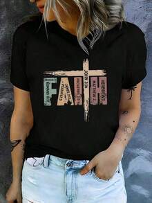 1 pieza Camiseta de Mujer Cristiana con Cruz y Versículo Bíblico, con Referencias de las Escrituras para Inspiración Religiosa y Motivación Espiritual, 180g Algodón 100% - Negro - Ver 2